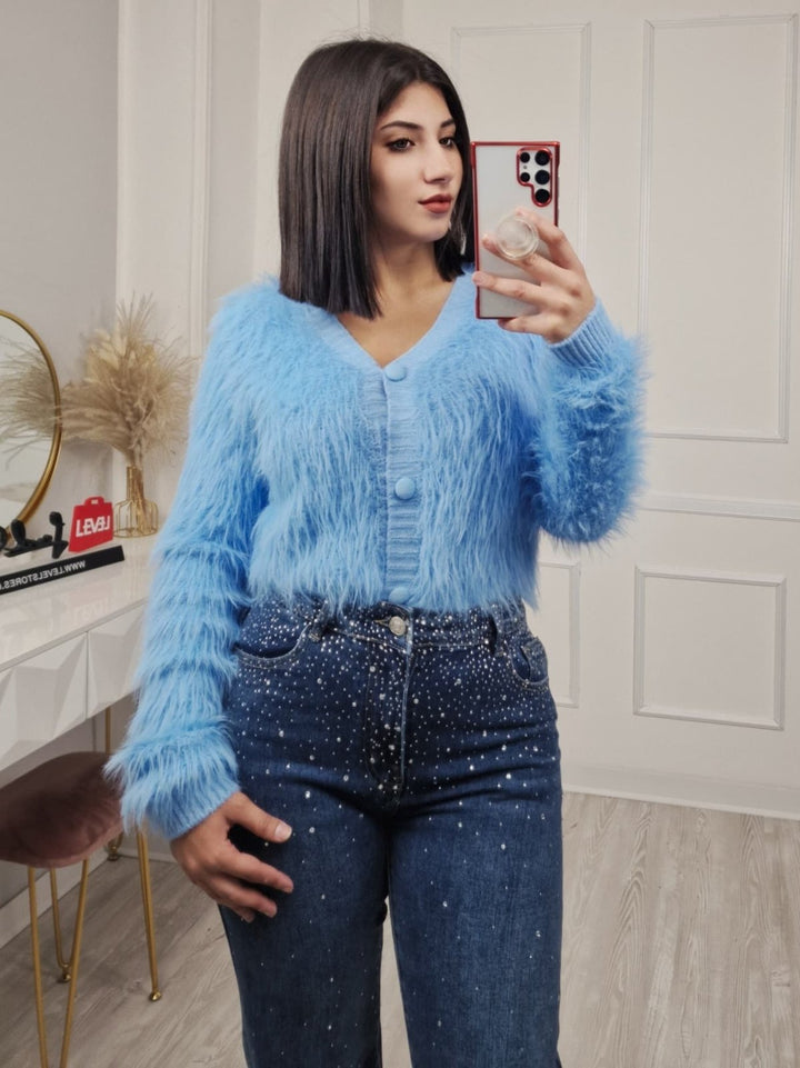 Cardigan in pelliccia modello corto con bottoni morbido e caldo Celeste Level Stores