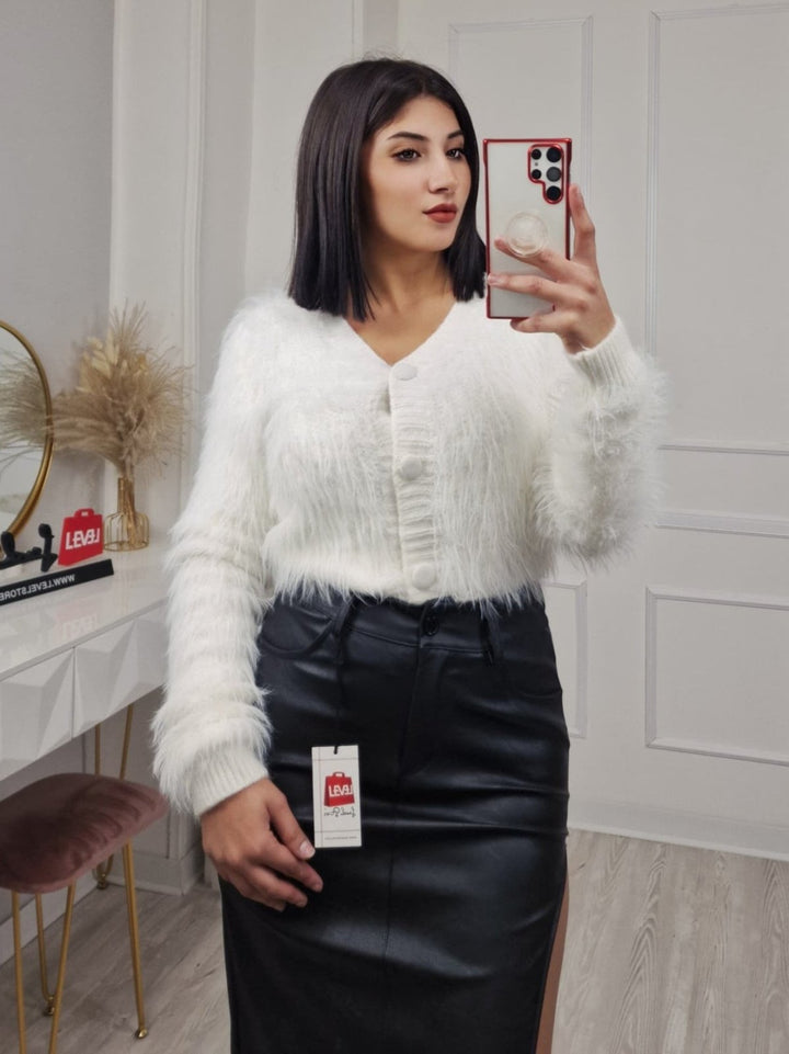 Cardigan in pelliccia modello corto con bottoni morbido e caldo Bianco Level Stores
