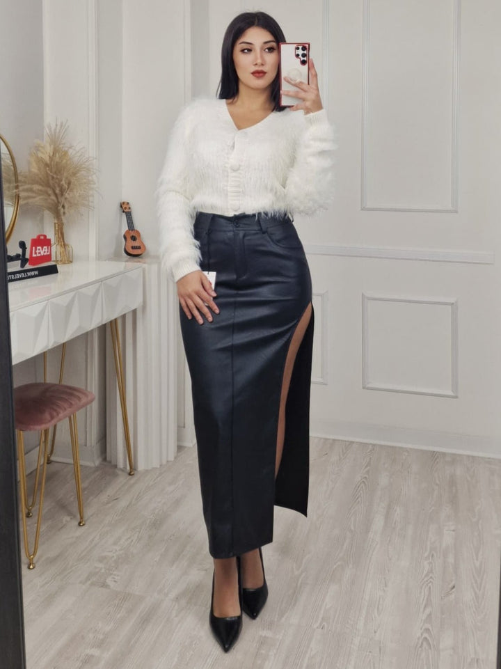 Cardigan in pelliccia modello corto con bottoni morbido e caldo Bianco Level Stores