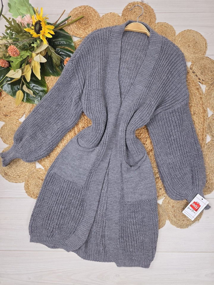 Cardigan media lunghezza Morbido Casual Manica lunga a palloncino e tasche - Grigio - Level Stores