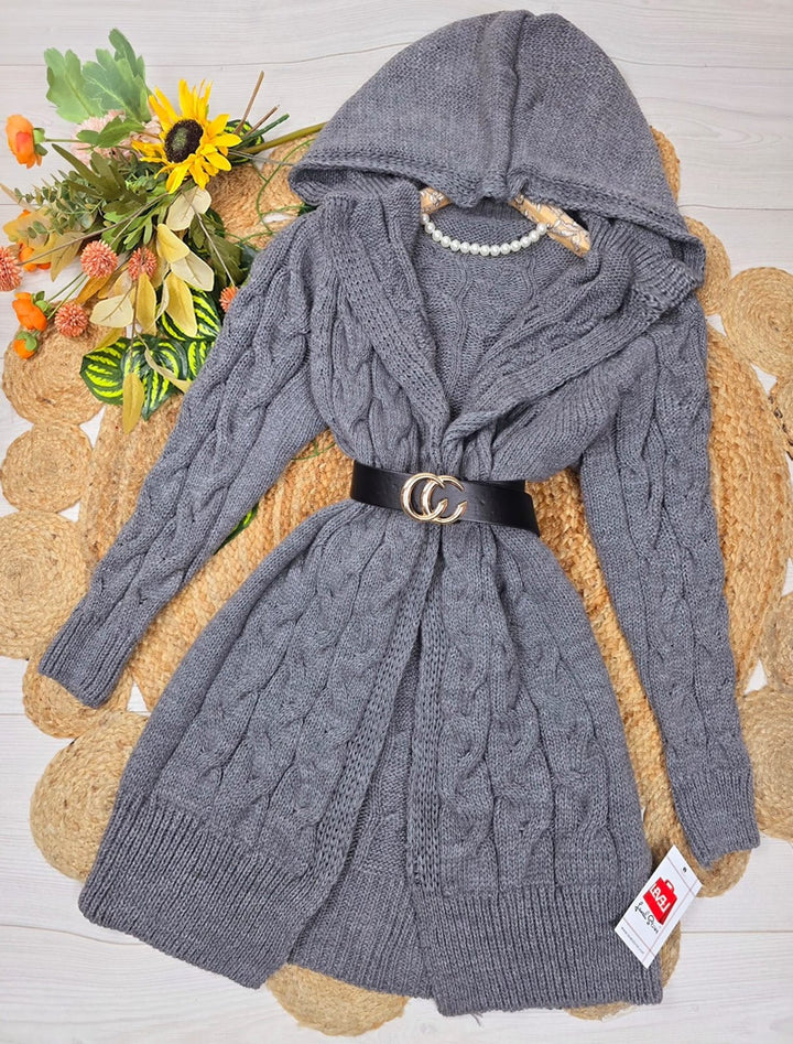 Cardigan motivo a intreccio e cappuccio Casual - Grigio - Level Stores