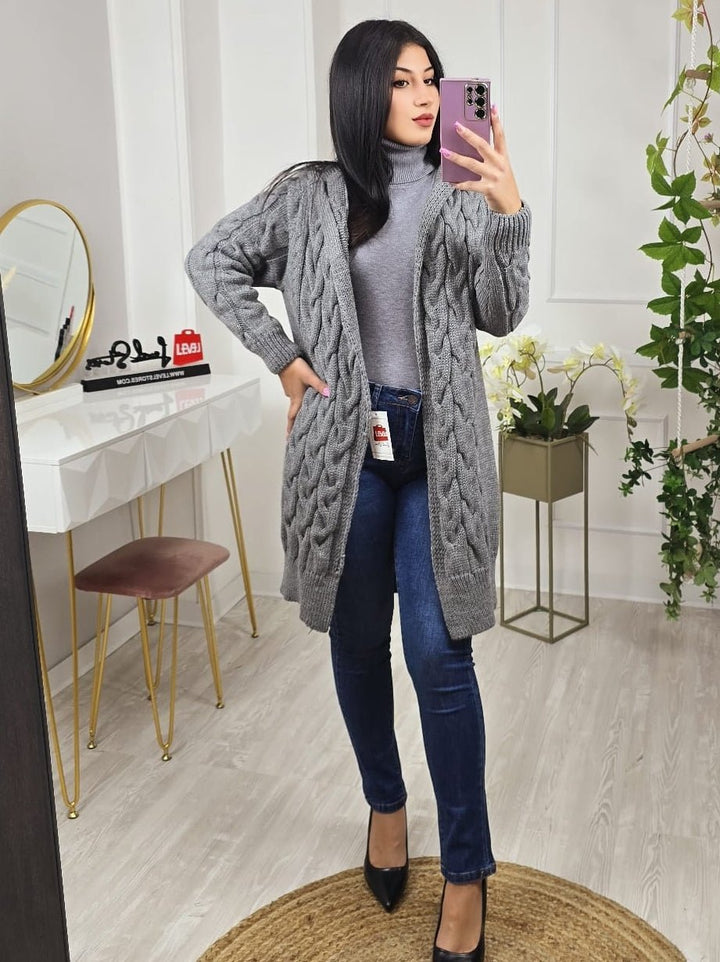 Cardigan motivo a intreccio e cappuccio Casual - Grigio - Level Stores