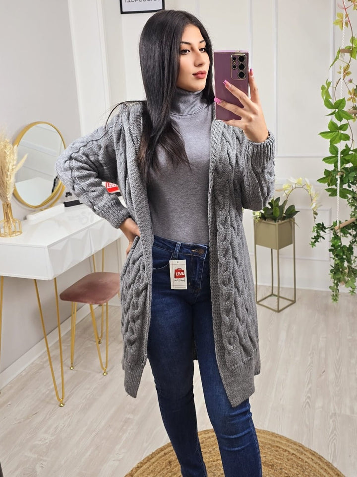 Cardigan motivo a intreccio e cappuccio Casual - Grigio - Level Stores