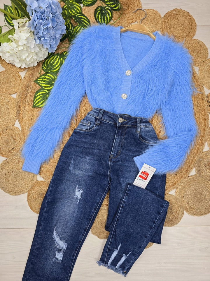 Cardigan&nbsp; in pelliccia modello corto con bottoni morbido e caldo Celeste Level Stores