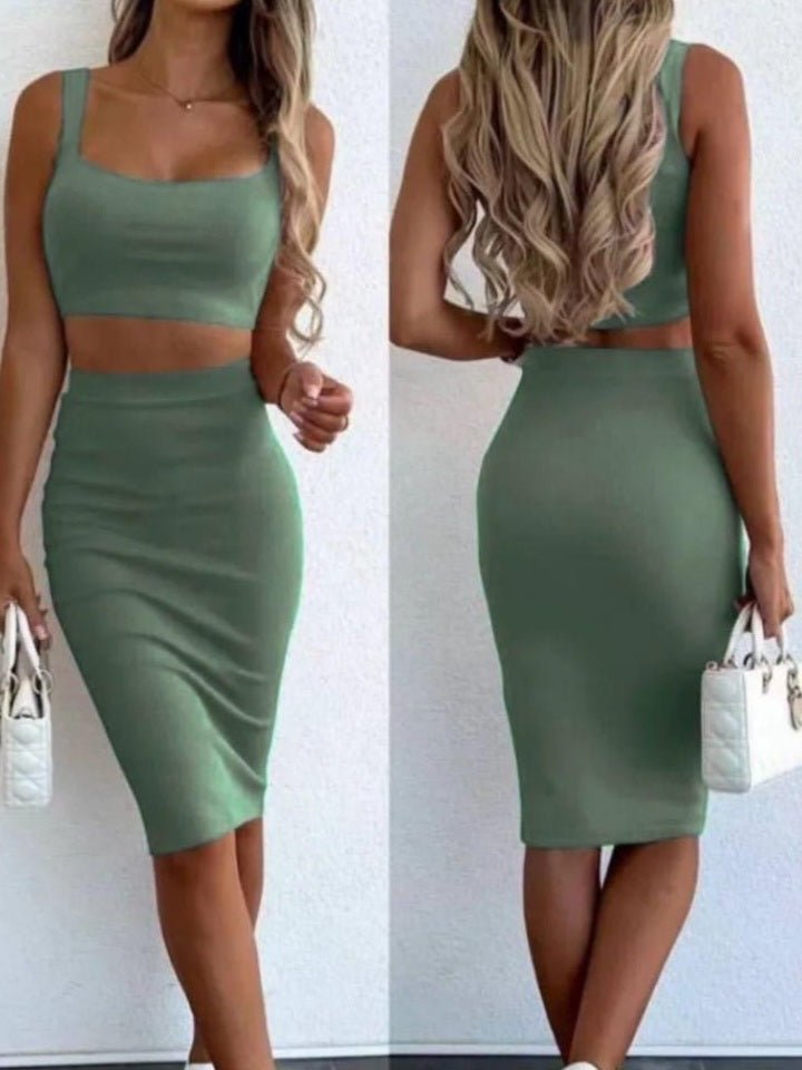 Completo a costine top e gonna elastico in vita - Verde militare - Level Stores