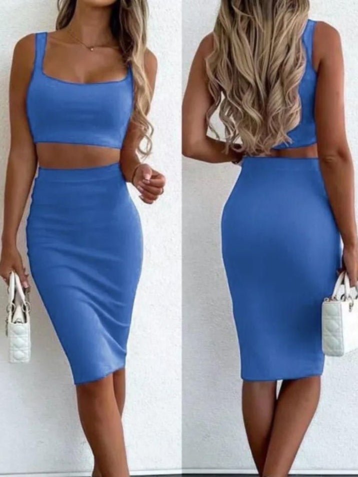 Completo a costine top e gonna elastico in vita - Blu - Level Stores