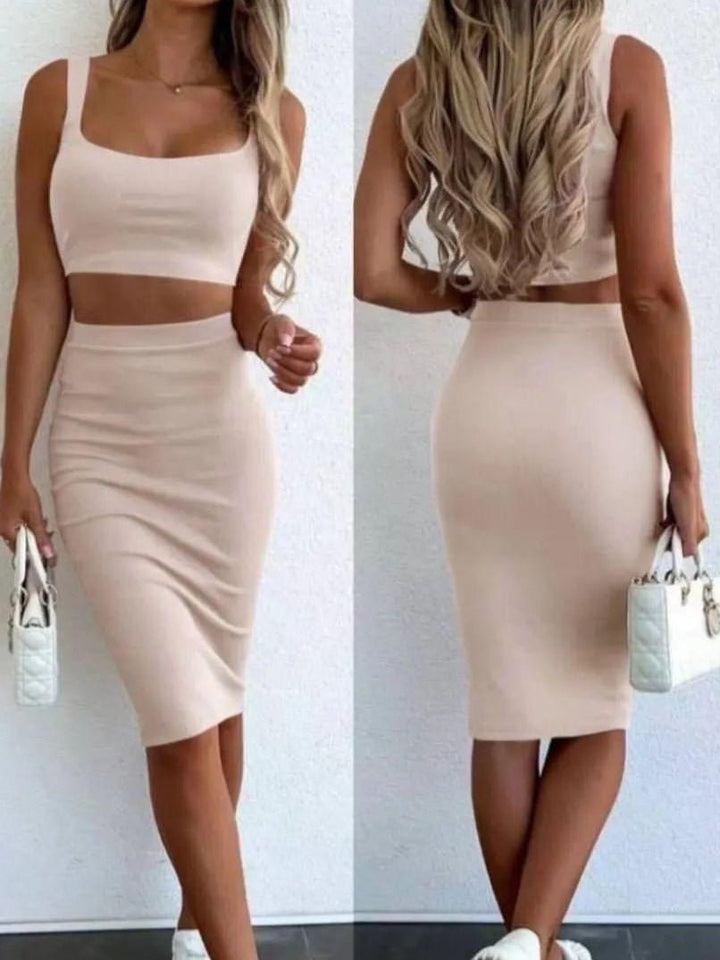 Completo a costine top e gonna elastico in vita - Beige - Level Stores