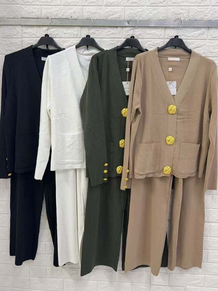 Completo cardigan di maglione con tasche e bottoni - pantalone palazzo elastico in vita morbido e caldo Verde militare Level Stores