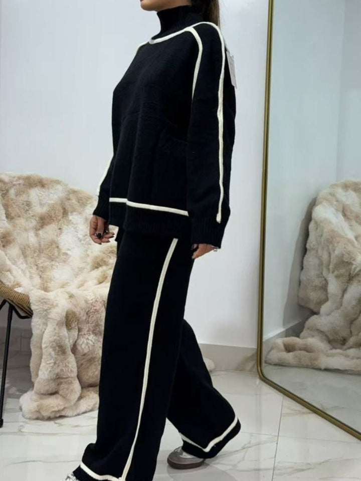 Completo composto da maglia collo alto in lana abbinato a pantaloni palazzo con vita elastica, morbido e caldo Nero Level Stores