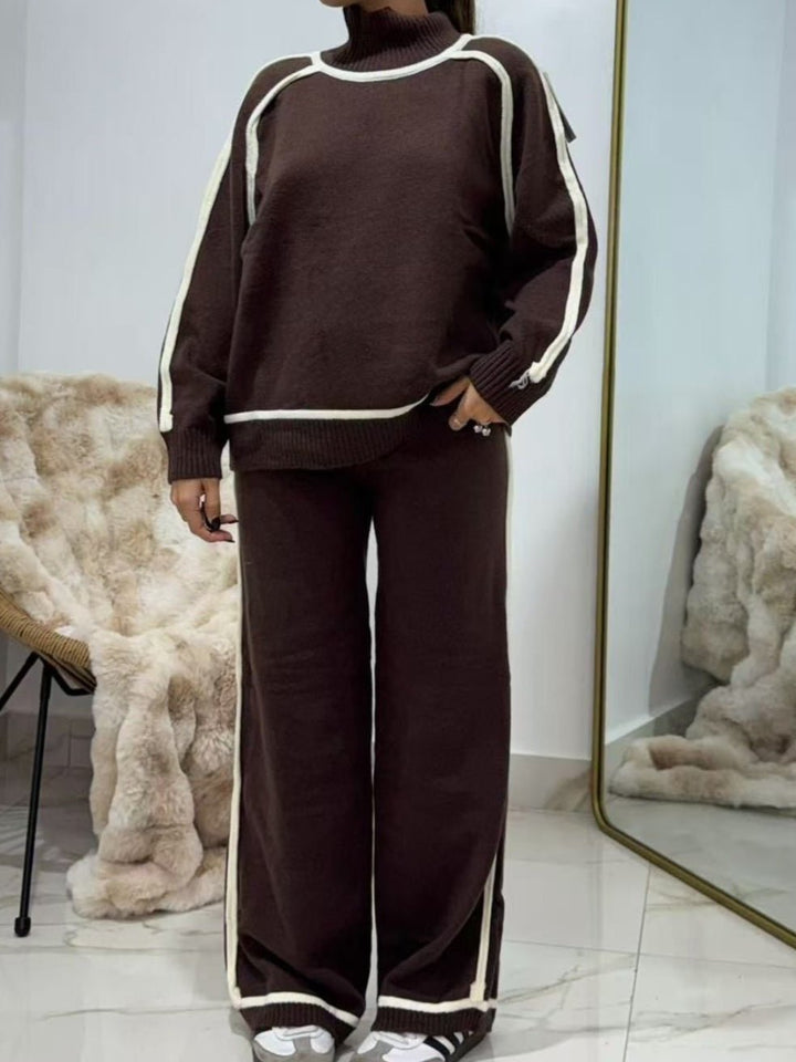 Completo composto da maglia collo alto in lana abbinato a pantaloni palazzo con vita elastica, morbido e caldo Marrone Level Stores