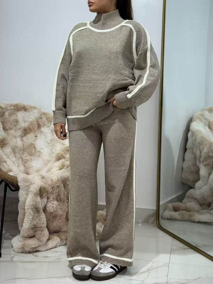 Completo composto da maglia collo alto in lana abbinato a pantaloni palazzo con vita elastica, morbido e caldo Beige Level Stores
