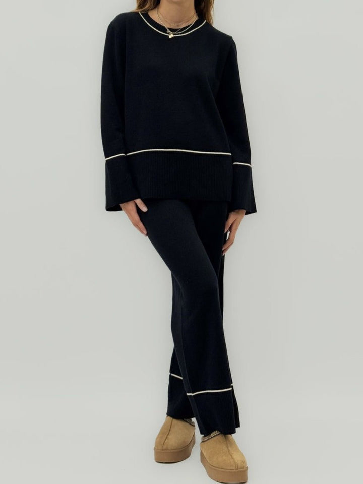Completo composto da maglia in lana abbinato a pantaloni palazzo con vita elastica, morbido e caldo Nero Level Stores