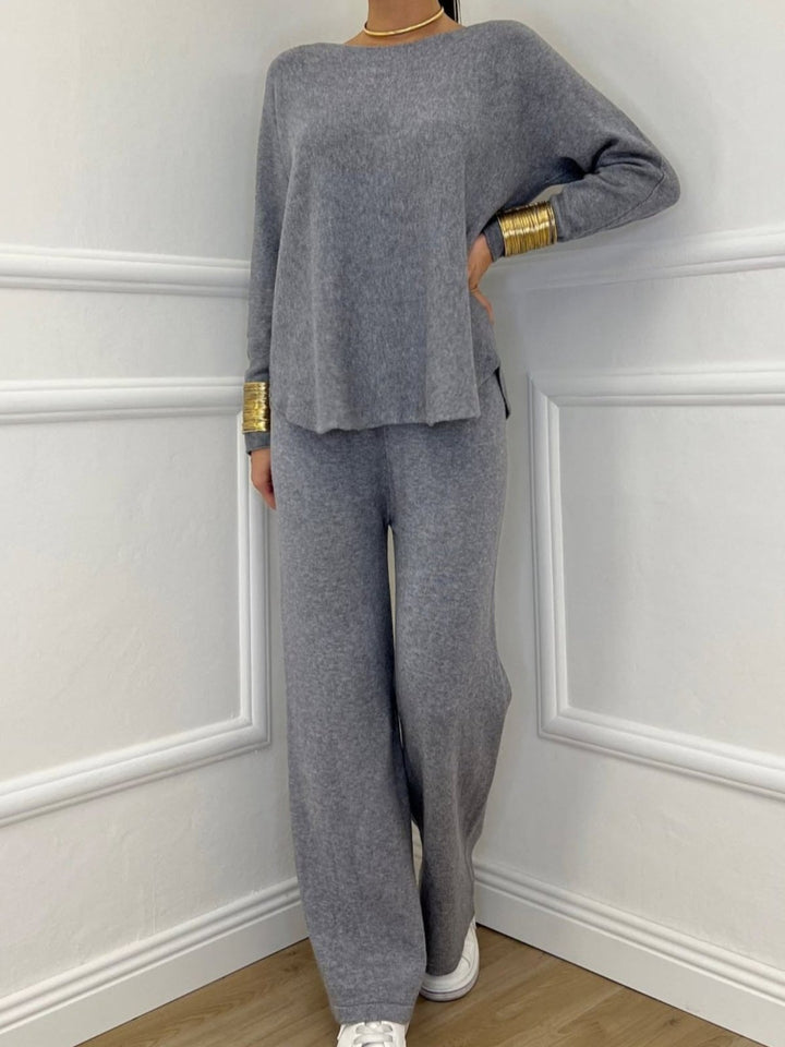 Completo composto da maglia in lana abbinato a pantaloni palazzo con vita elastica, morbido e caldo Grigio Level Stores
