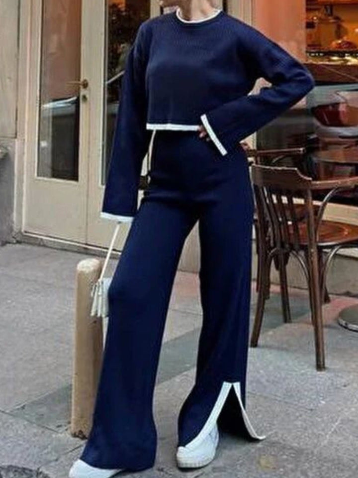 Completo composto da maglia in lana abbinato a pantaloni palazzo con vita elastica, morbido e caldo Blu scuro Level Stores