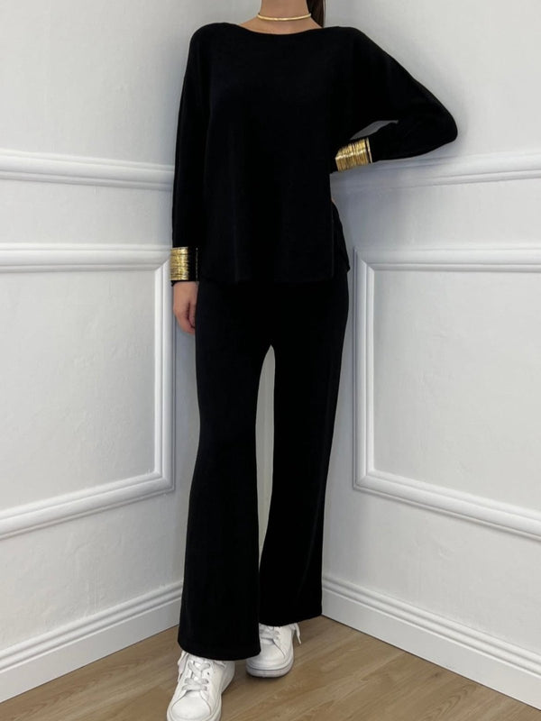 Completo composto da maglia in lana abbinato a pantaloni palazzo con vita elastica, morbido e caldo Nero Level Stores