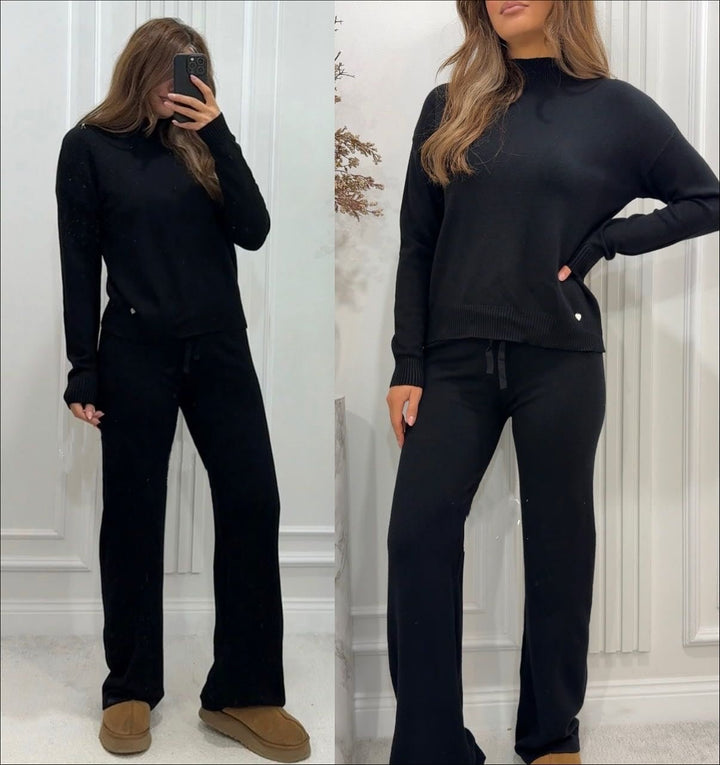 Completo composto da maglia in lana collo alto abbinato a pantaloni palazzo con vita elastica, morbido e caldo Nero Level Stores
