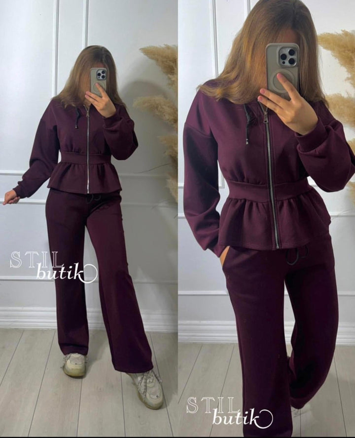 Completo composto da tuta in felpa elastico in vita con zip con cappuccio e pantaloni a palazzo morbida Bordo Level Stores