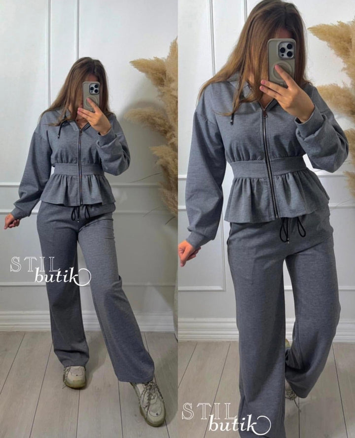 Completo composto da tuta in felpa elastico in vita con zip con cappuccio e pantaloni a palazzo morbida Grigio Level Stores