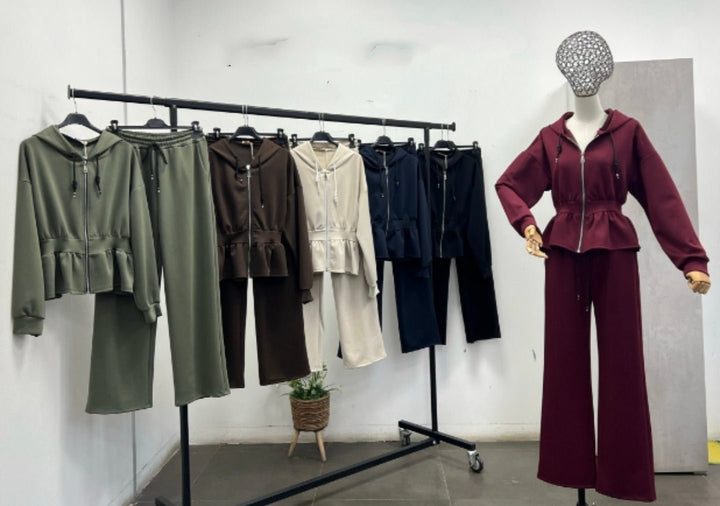 Completo composto da tuta in felpa elastico in vita con zip con cappuccio e pantaloni a palazzo morbida Verde militare Level Stores