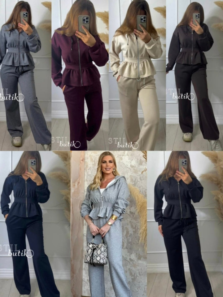 Completo composto da tuta in felpa elastico in vita con zip con cappuccio e pantaloni a palazzo morbida Verde militare Level Stores