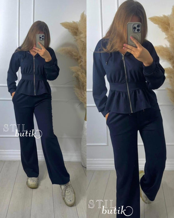 Completo composto da tuta in felpa elastico in vita con zip con cappuccio e pantaloni a palazzo morbida Blu scuro Level Stores