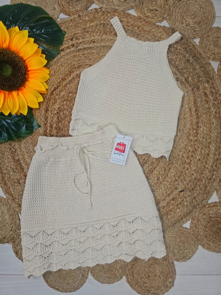 Completo effetto uncinetto traforato con top e gonna tinta unita elasticizzato - Bianco - Level Stores