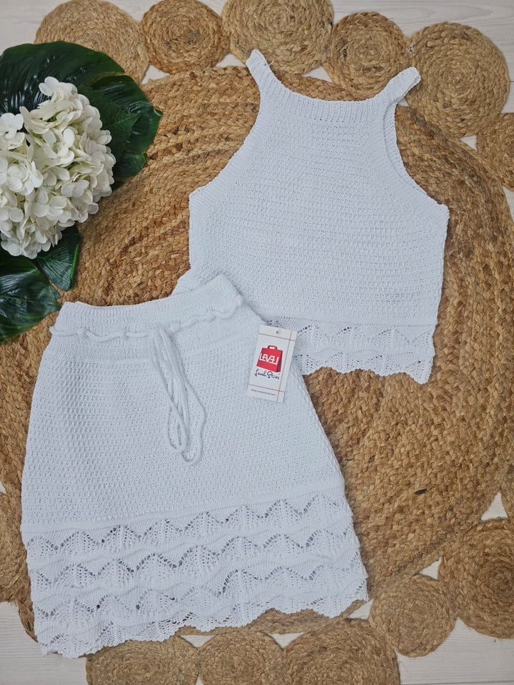 Completo effetto uncinetto traforato con top e gonna tinta unita elasticizzato - Bianco - Level Stores