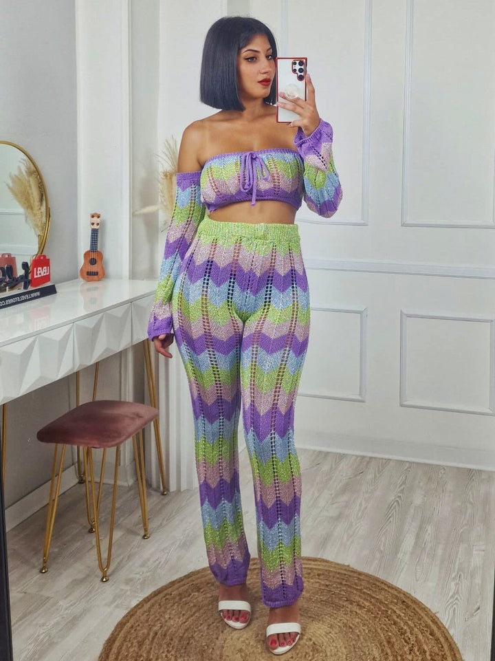 Completo effetto uncinetto traforato in lurex multicolore composto da top e pantalone a zampa con elastico in vita elasticizzato Nero Level Stores
