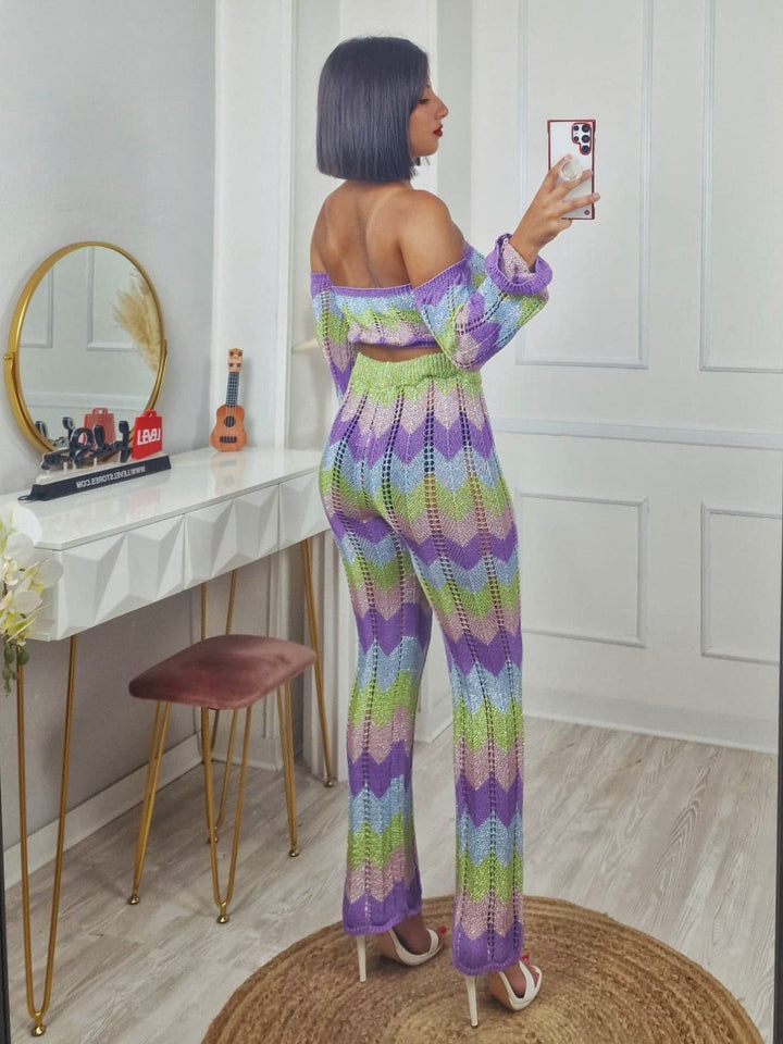 Completo effetto uncinetto traforato in lurex multicolore composto da top e pantalone a zampa con elastico in vita elasticizzato Lilla Level Stores
