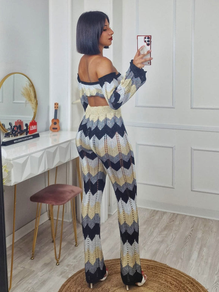 Completo effetto uncinetto traforato in lurex multicolore composto da top e pantalone a zampa con elastico in vita elasticizzato Lilla Level Stores