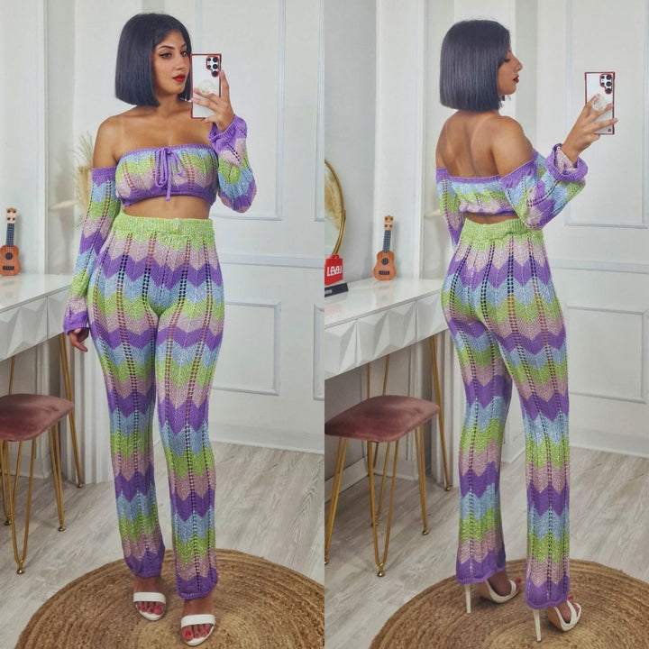 Completo effetto uncinetto traforato in lurex multicolore composto da top e pantalone a zampa con elastico in vita elasticizzato Lilla Level Stores
