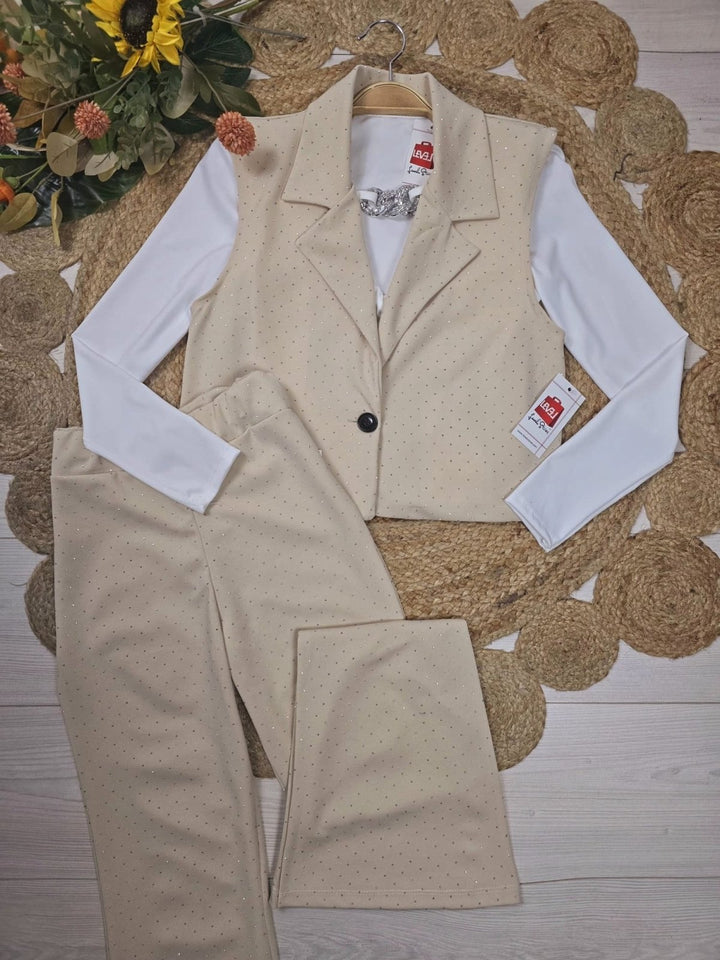 Completo gilet - pantalone a zampa Strass - Beige - Level Stores