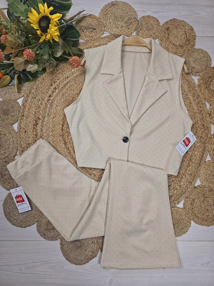 Completo gilet - pantalone a zampa Strass - Beige - Level Stores