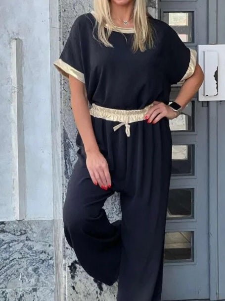 Completo in chiffon maglia manica corta e pantalone elastico in vita Leggero Morbido - Nero - Level Stores