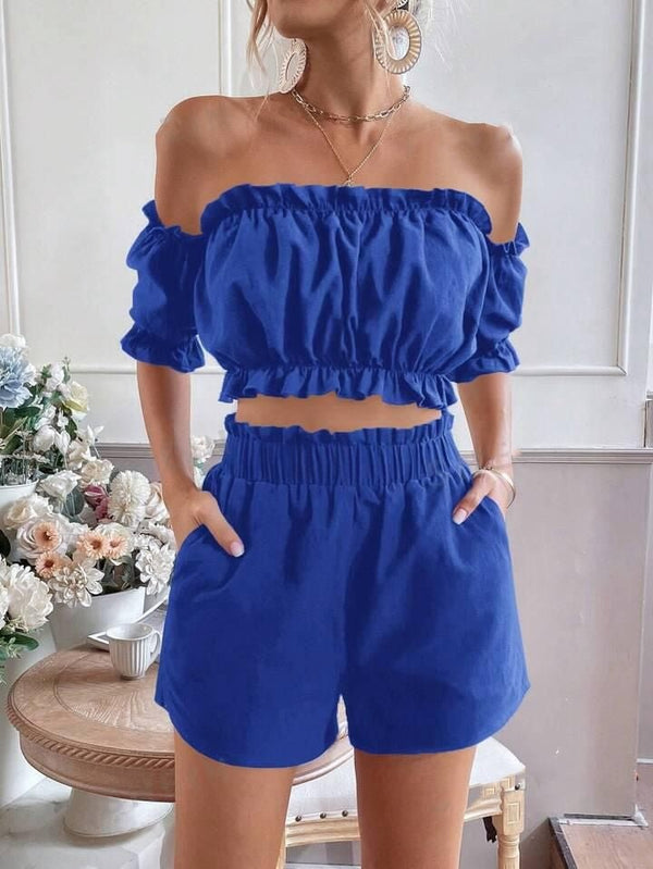 Completo in chiffon top con spalle scoperte con volant e short elastico in vita - Blu elettrico - Level Stores