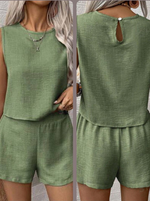 Completo in due pezzi in chiffon Top girocollo Short elastico in vita Tinta unita Leggero Morbido - Verde militare - Level Stores