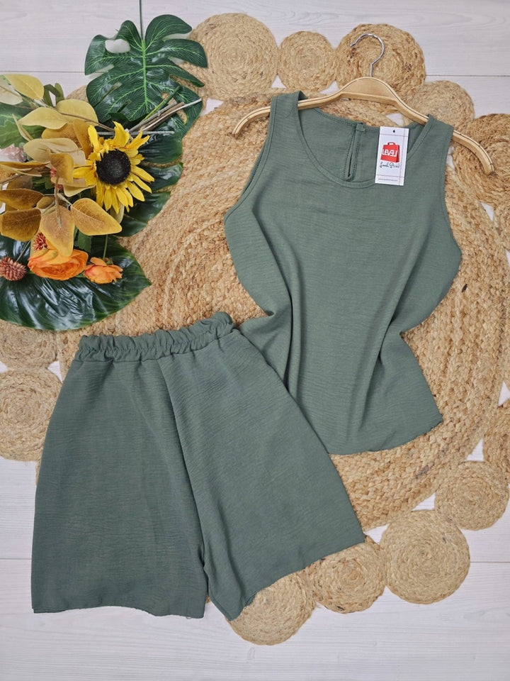 Completo in due pezzi in chiffon Top girocollo Short elastico in vita Tinta unita Leggero Morbido - Verde militare - Level Stores