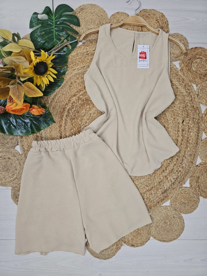 Completo in due pezzi in chiffon Top girocollo Short elastico in vita Tinta unita Leggero Morbido - Verde militare - Level Stores
