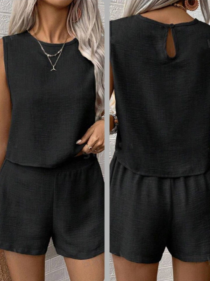 Completo in due pezzi in chiffon Top girocollo Short elastico in vita Tinta unita Leggero Morbido - Nero - Level Stores