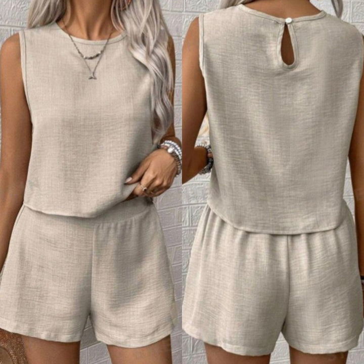 Completo in due pezzi in chiffon Top girocollo Short elastico in vita Tinta unita Leggero Morbido - Beige - Level Stores