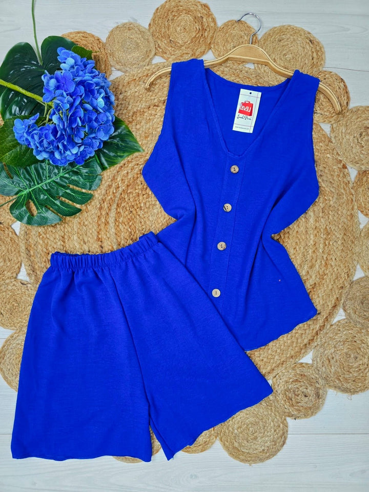 Completo in due pezzi in chiffon Top Scollo v Bottoni Short elastico in vita Leggero Morbido - Blu elettrico - Level Stores