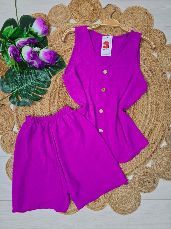 Completo in due pezzi in chiffon Top Scollo v Bottoni Short elastico in vita Leggero Morbido - Viola - Level Stores