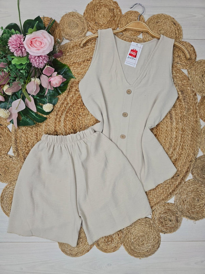 Completo in due pezzi in chiffon Top Scollo v Bottoni Short elastico in vita Leggero Morbido - Beige - Level Stores