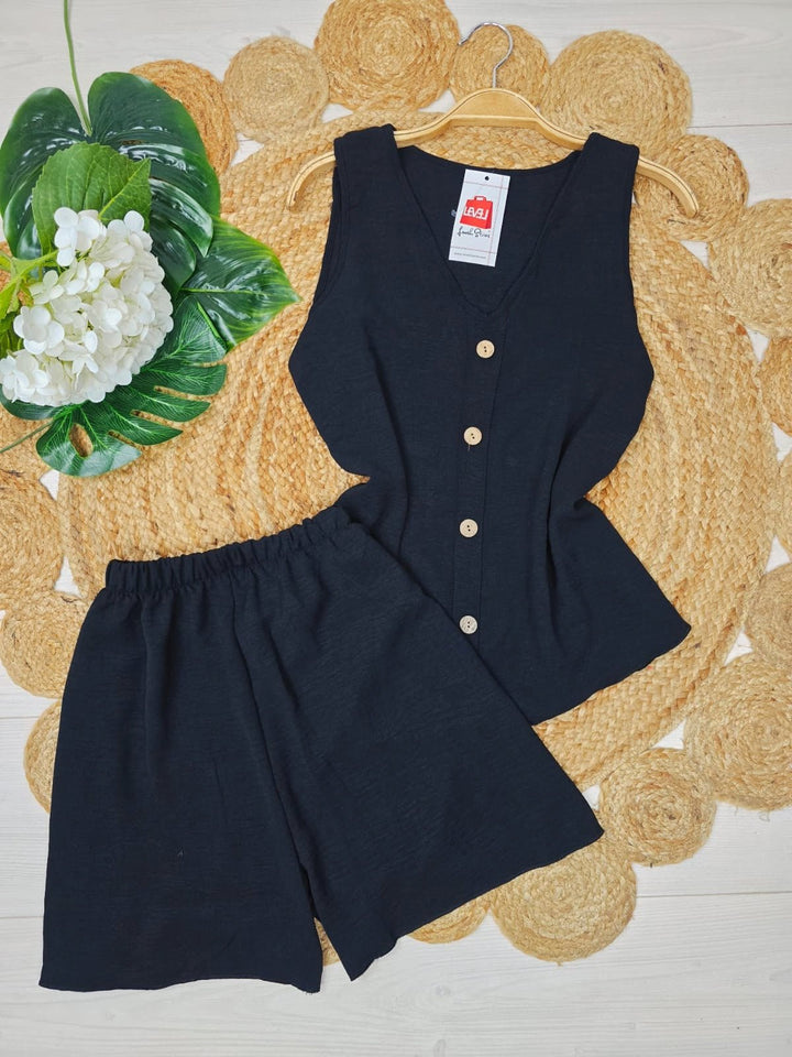 Completo in due pezzi in chiffon Top Scollo v Bottoni Short elastico in vita Leggero Morbido - Nero - Level Stores