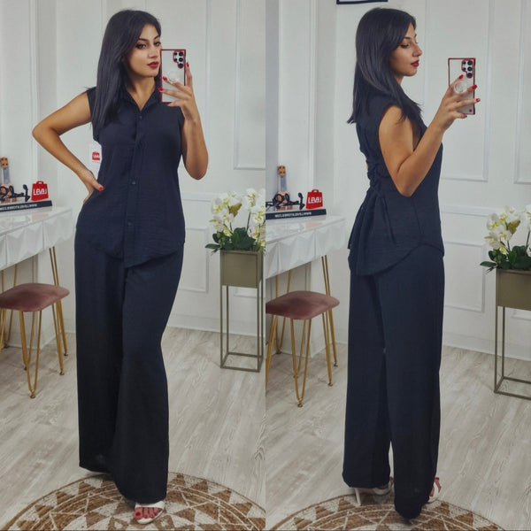 completo in due pezzi leggero camicia smanicato pantalone palazzo con elastica in vita Nero Level Stores