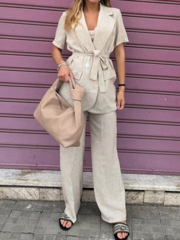 Completo in lino giacca con manica corta cintura inclusa - pantalone palazzo cintura inclusa Leggero Morbido - Beige - Level Stores