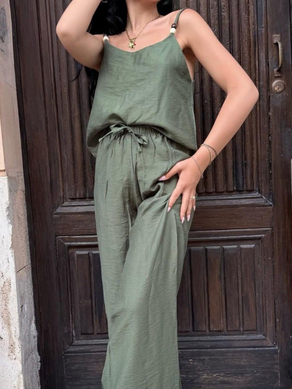 Completo in lino top - pantalone modello palazzo con elastico in vita - Verde militare - Level Stores