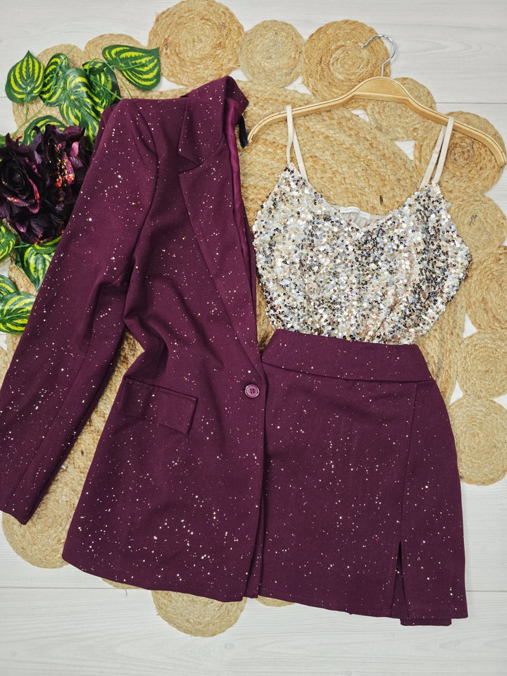 Completo in lurex con giacca foderata e bottoni e pantagonna strass con vita elastico Nero Level Stores