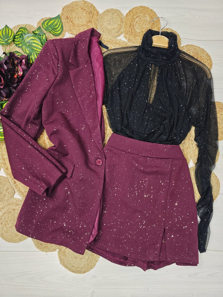 Completo in lurex con giacca foderata e bottoni e pantagonna strass con vita elastico Bordo Level Stores