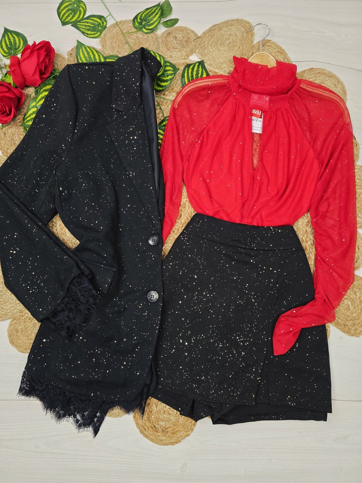 Completo in lurex con giacca foderata in pizzo e bottoni e pantagonna con vita elastico Nero Level Stores